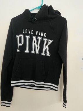 Vtg Victoria's Secret PINK Hoodie Black White Varsity Stripe Pullover 2013 Y2K
